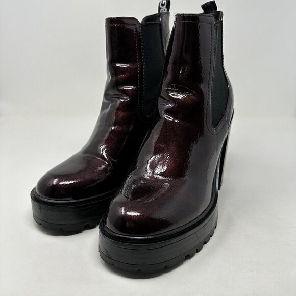 Guess Platform Ankle Boots Dark Red Patent Faux Leather 10M Chunky - Picture 5 of 13